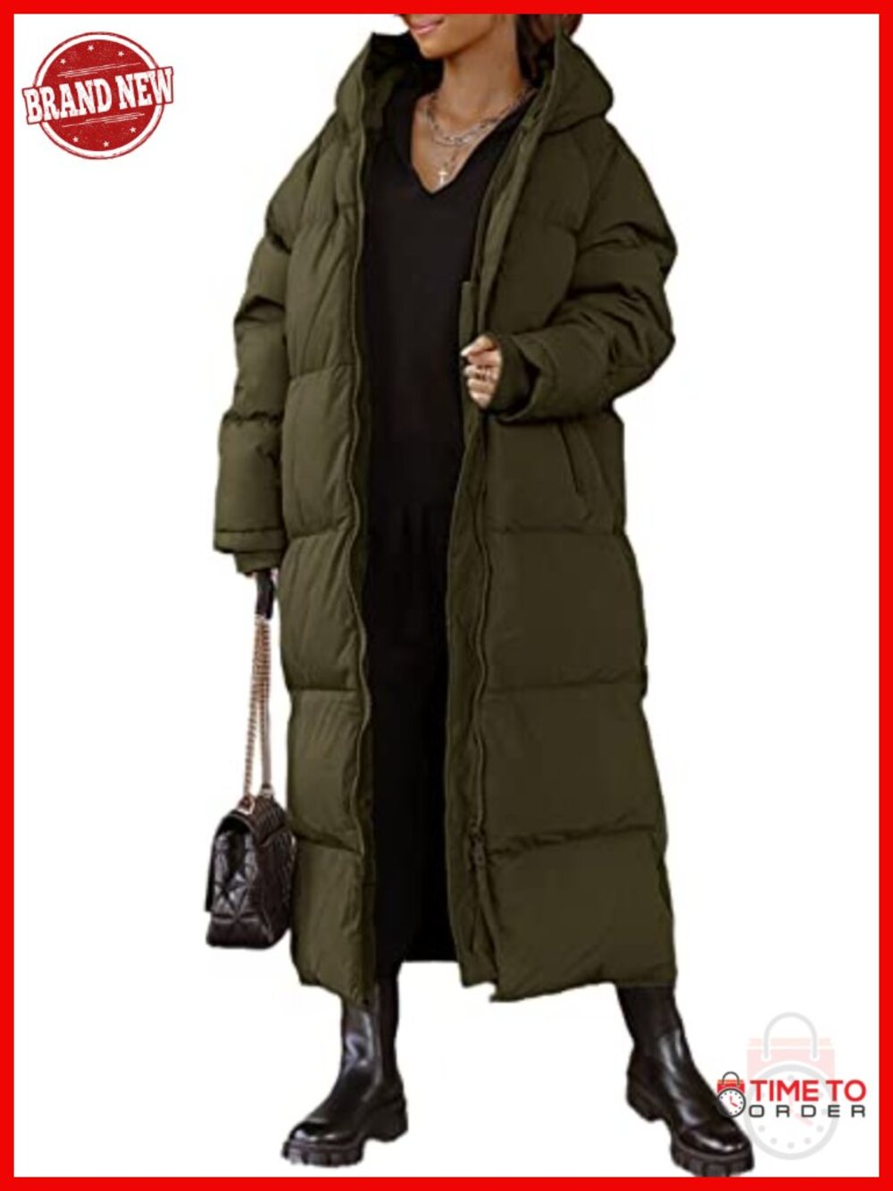 Womens Hooded Long Quilted Puffer Jacket Maxi Length Winter Coat